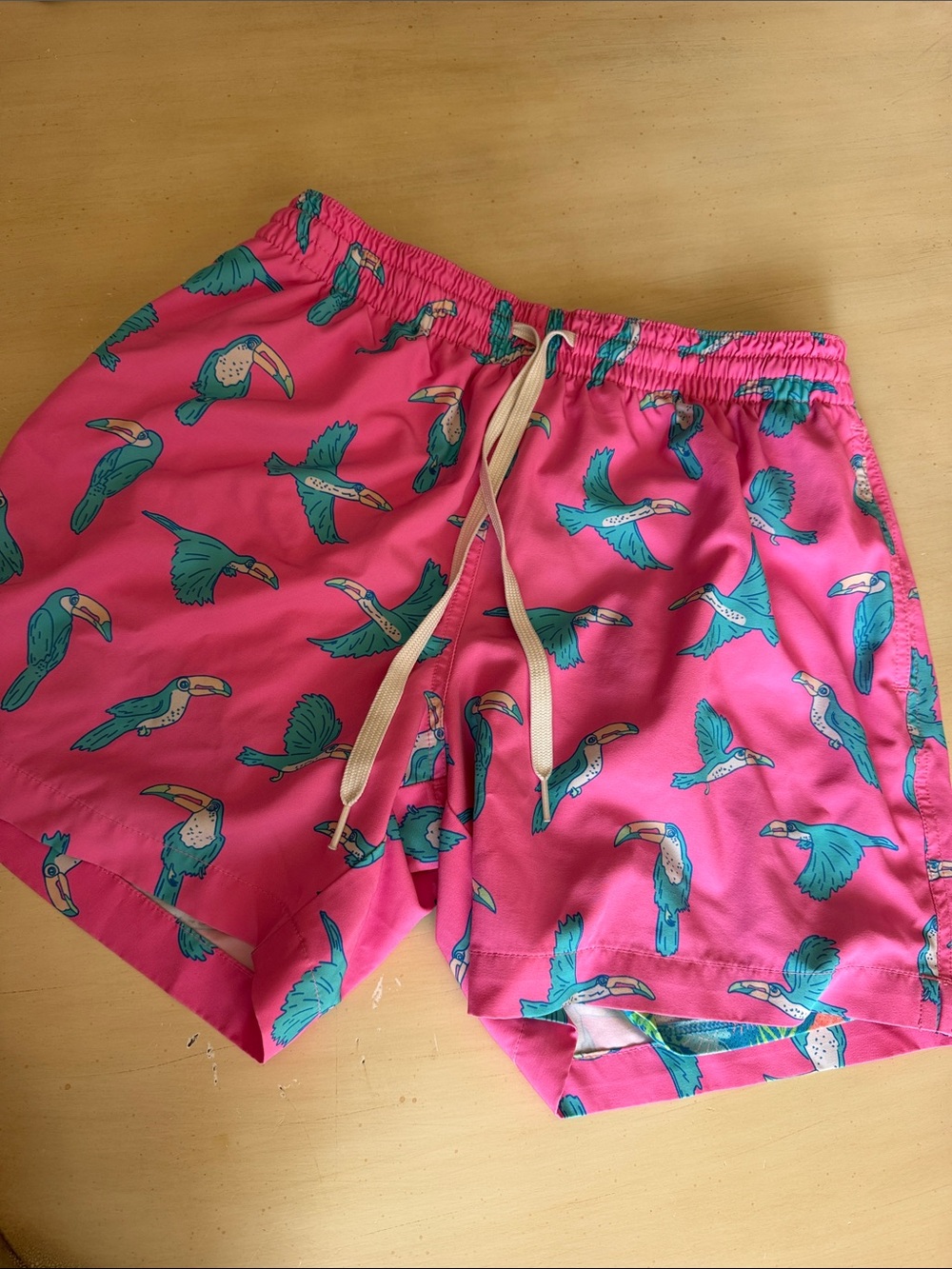 chubbies Bright Pink Toucan Swim Trunks with Teal Birds